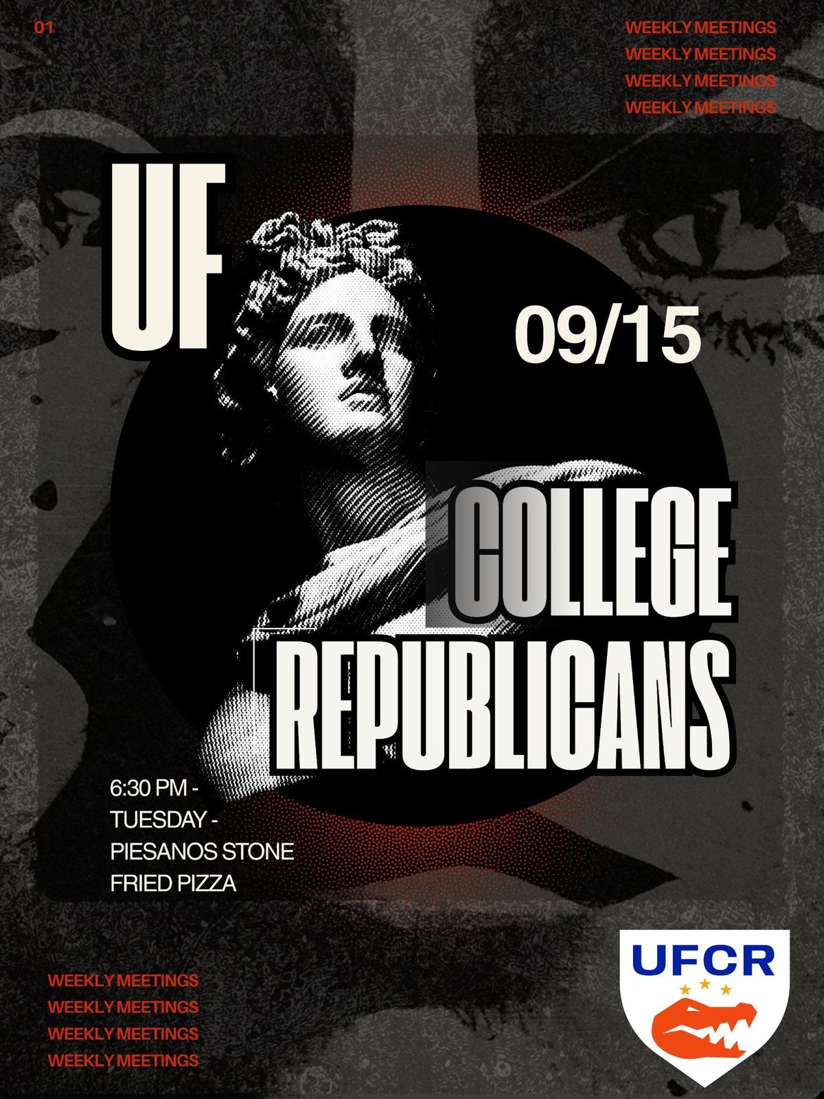 First Weekly Meeting poster — 09/15, 6:30 PM, Piesanos Stone Fired Pizza