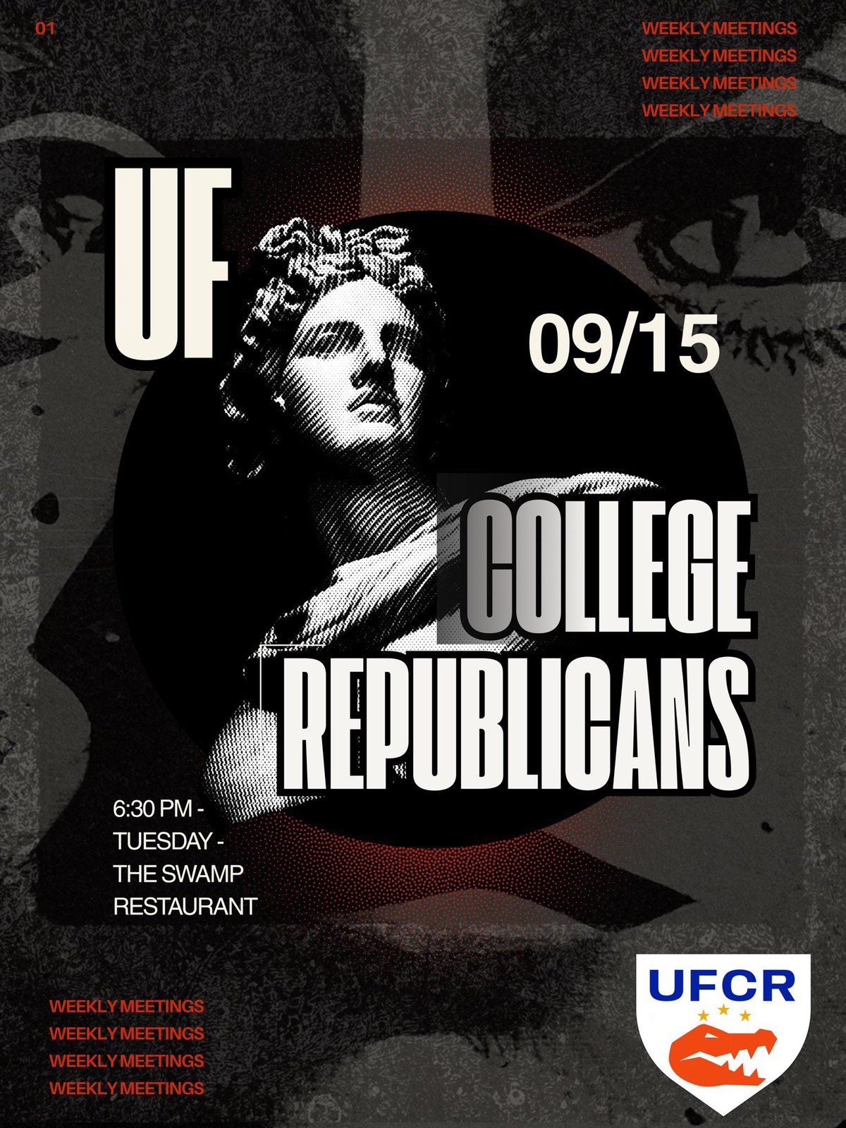 First Weekly Meeting poster — 09/15, 6:30 PM, The Swamp Restaurant